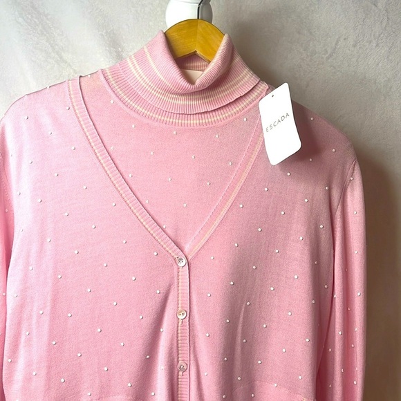 Escada Tops - ESCADA PINK SILK CASHMERE WOOL POLKA DOT CARDIGAN SET VINTAGE